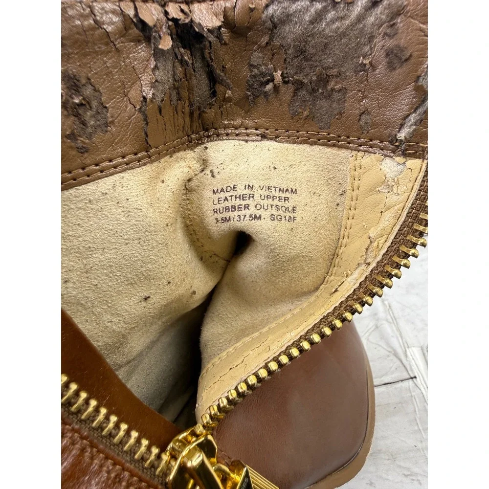 Michael Kors Brown Leather Ankle Boots Block Heel Gold Zip